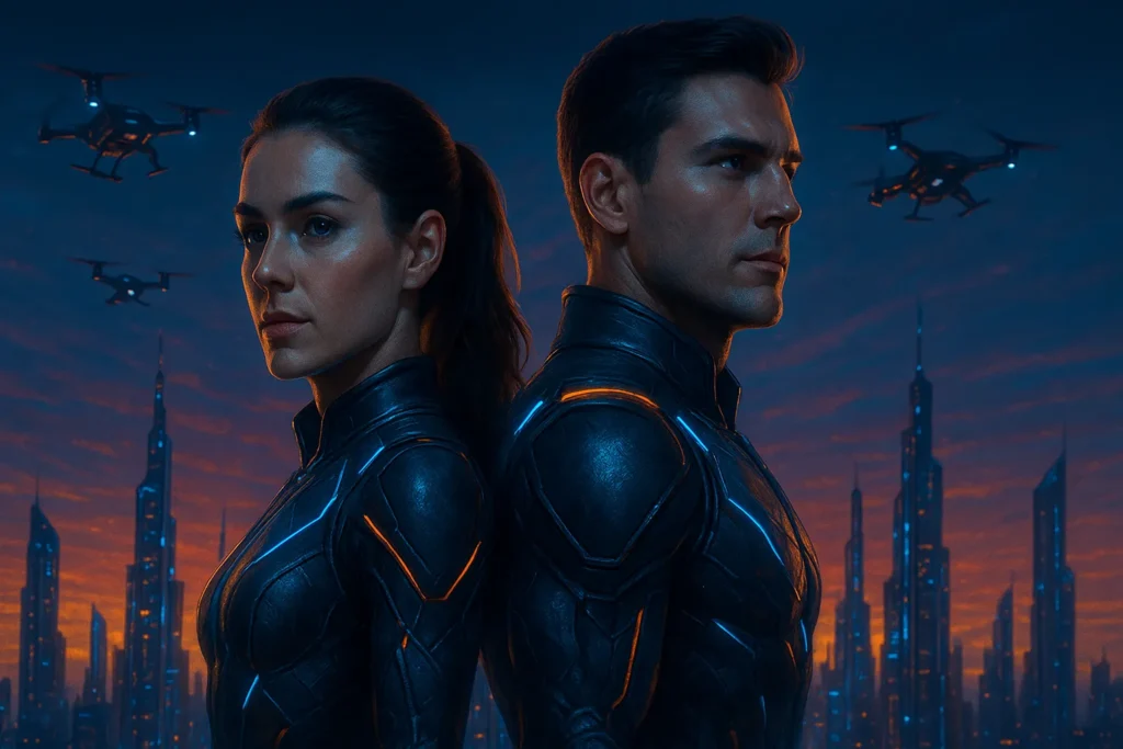 Dupla de Herois Futuristas em Acao Sob Cores de Neon
