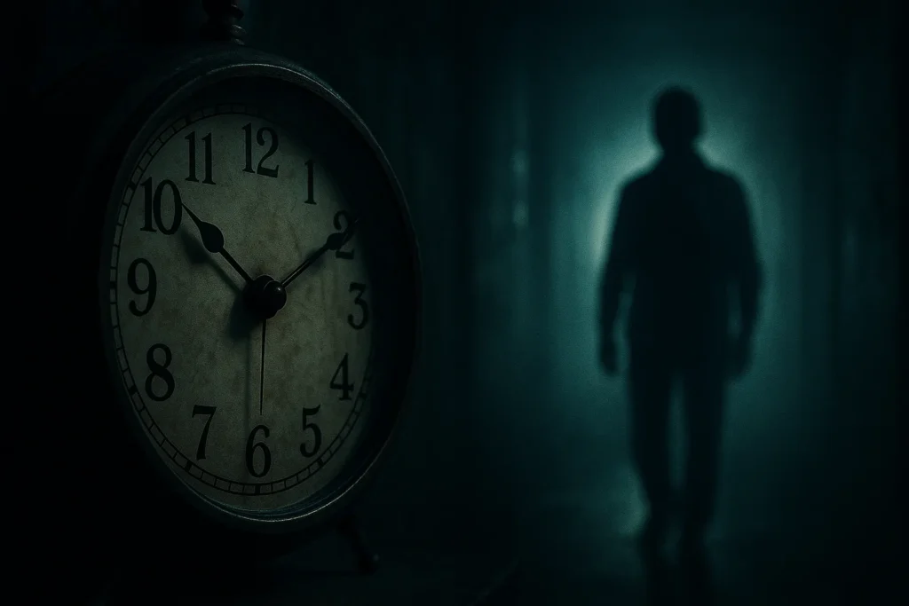 Filme De Suspense: Os 15 Melhores Filmes, Onde Assistir E Por Que Você Não Vai Conseguir Parar De Ver 2 Relógio antigo em close na penumbra com sombras alongadas e figura nervosa desfocada ao fundo em corredor enevoado