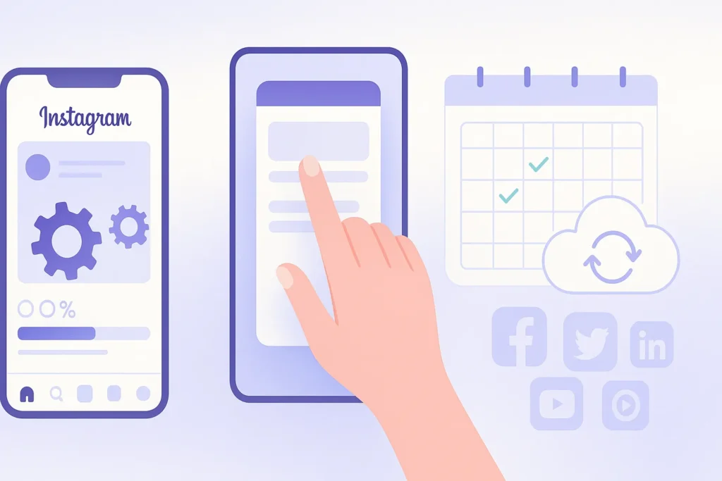 Ilustração clean em 16 × 9 com três painéis: smartphone exibindo interface do Instagram e engrenagens de manutenção; mão fechando apps em segundo plano para otimizar recursos; calendário com horários de menor tráfego marcado em verde, nuvem de backup automático e ícones de redes sociais como alternativa. Paleta suave de azuis e roxos em fundo claro.