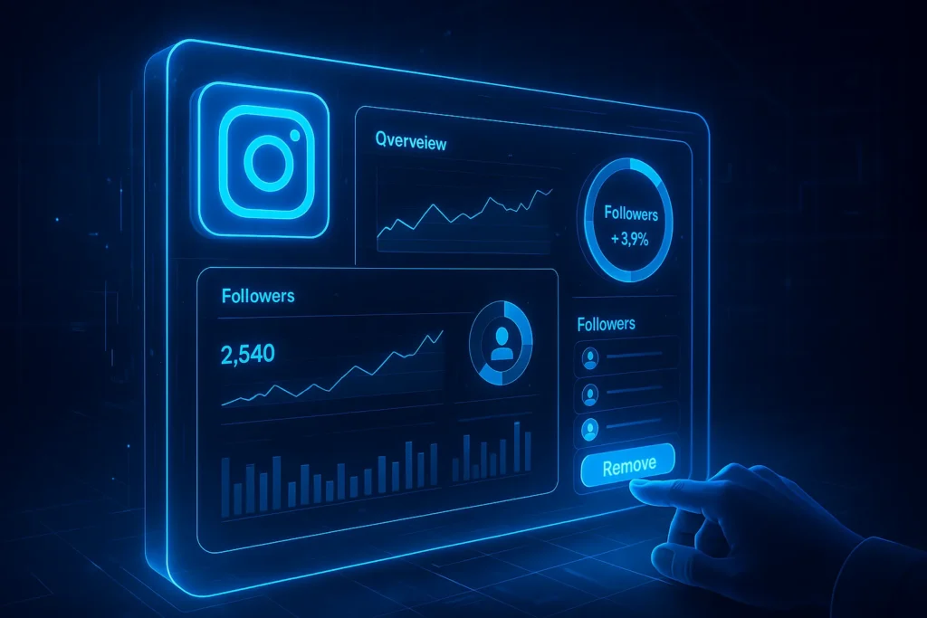 Interface holográfica azul exibindo painel de métricas do Instagram com botão “Remove”