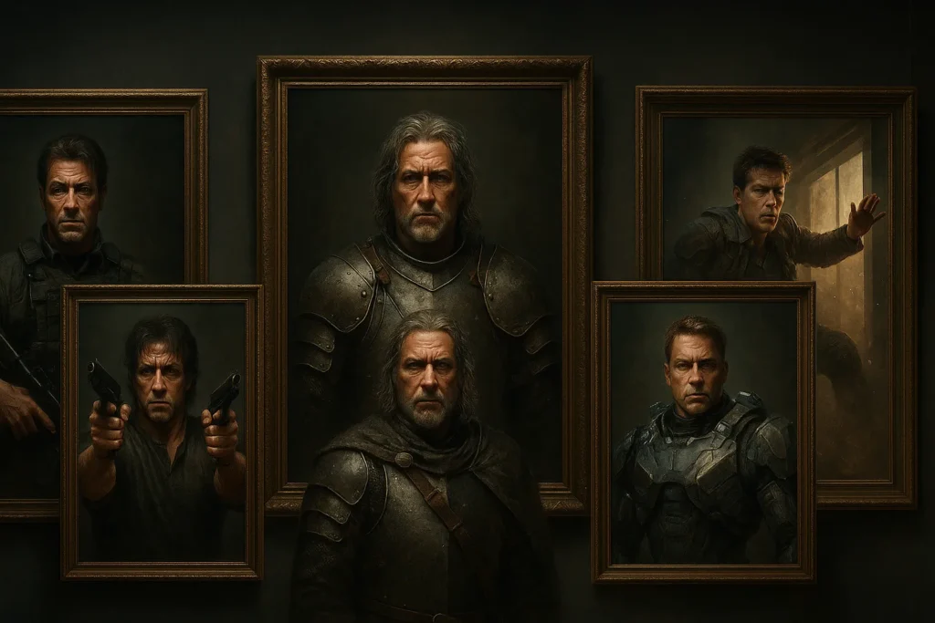 Retratos dramáticos de cinco lendários atores de ação em quadros dourados, com iluminação cinematográfica e estilo matte painting 4K, exibindo farda tática, pistolas duplas, armadura medieval, exoesqueleto futurista e cena de dublê.