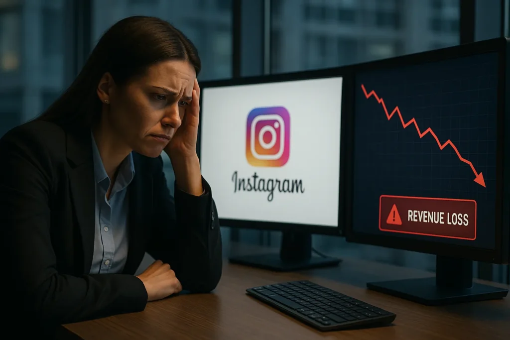 Empresária frustrada olhando para tela em branco com o logo do Instagram, com gráfico de queda de engajamento e alerta de perda de receita.