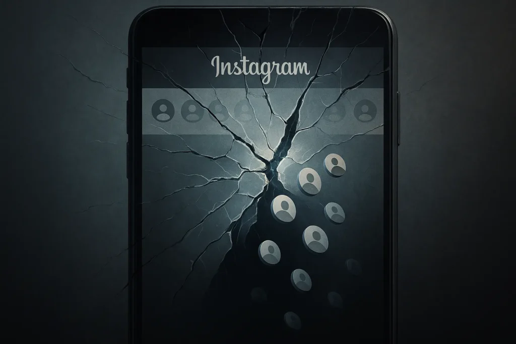 Feed do Instagram rachado como vidro enquanto ícones de usuário cinzas caem, simbolizando perda de seguidores