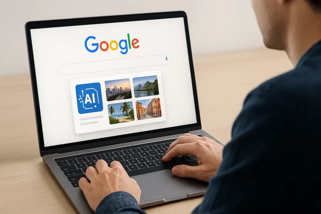 Ia Do Google Veo 3: Como Criar Vídeos Virais Para Redes Sociais 3 Usuário em frente a laptop moderno exibindo painel de inteligência artificial do Google com miniaturas de vídeos sendo geradas em tempo real