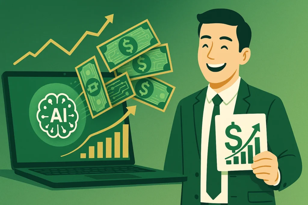 Ia Do Google Veo 3: Como Criar Vídeos Virais Para Redes Sociais 6 Gráfico de lucros e notas digitais saindo de um notebook com IA, ao lado de um criador de conteúdo sorrindo com símbolo de dólar.