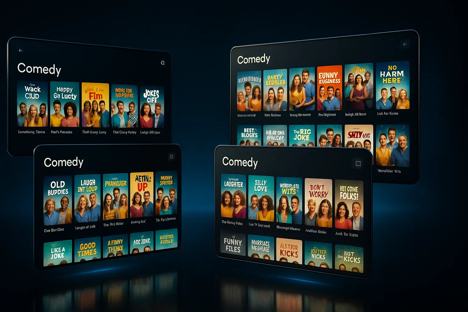 Quatro telas digitais flutuantes exibindo a categoria Comédia em diferentes plataformas de streaming, sobre fundo escuro high-tech com glow azul