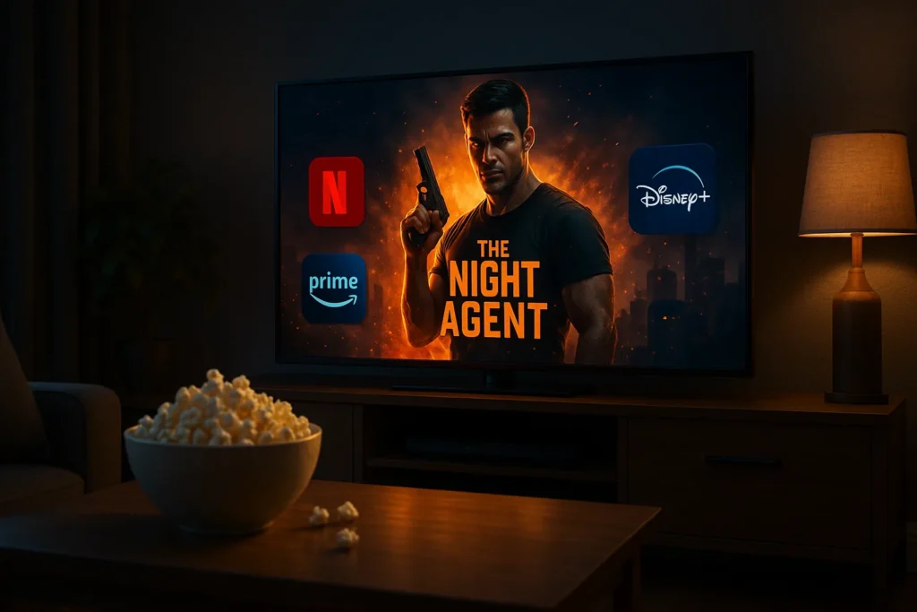 Sala de estar aconchegante à noite com TV exibindo pôster de filme de ação, ícones de Netflix, Prime e Disney+ flutuando, tigela de pipoca sobre mesa