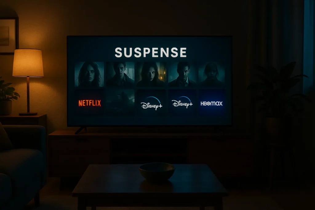 Filme De Suspense: Os 15 Melhores Filmes, Onde Assistir E Por Que Você Não Vai Conseguir Parar De Ver 5 Sala de estar aconchegante com smart TV exibindo miniaturas de filmes de suspense e logos iluminados de Netflix, Disney+ e HBO Max