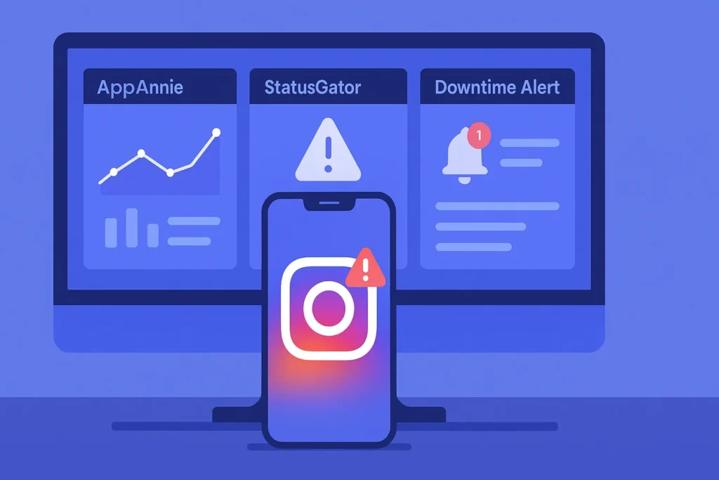 Ilustração vetorial de um desktop com três janelas mostrando gráficos de AppAnnie, alertas StatusGator e notificações Downtime Alert; ao centro smartphone exibe logo do Instagram com ícone de aviso