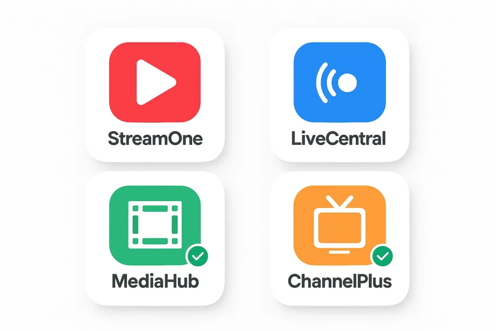 Multicanais Ao Vivo: Guia Completo Para Assistir Tv Online Em 2025 4 Grade horizontal com quatro logotipos genéricos de serviços de streaming, cada um com selo verde de verificação