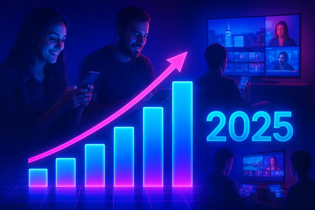Multicanais Ao Vivo: Guia Completo Para Assistir Tv Online Em 2025 3 Gráfico neon ascendente diante de pessoas assistindo multicanais ao vivo em diversos dispositivos, com “2025” em destaque