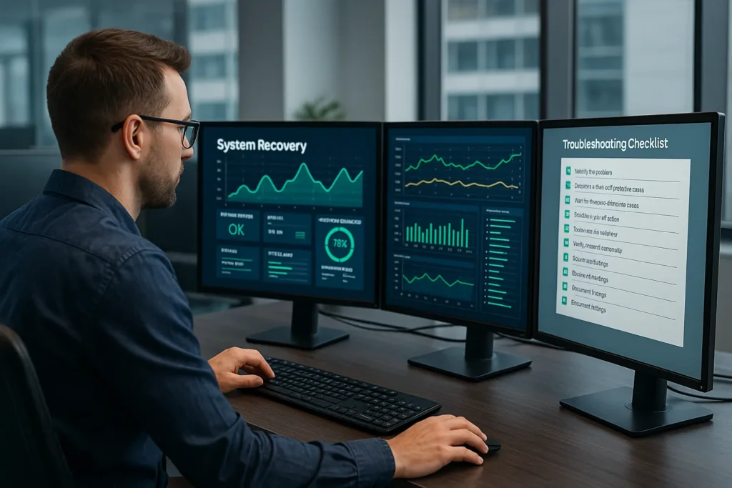 Técnico de TI diante de múltiplos monitores com dashboards de recuperação de sistema e checklist de solução de problemas em escritório moderno