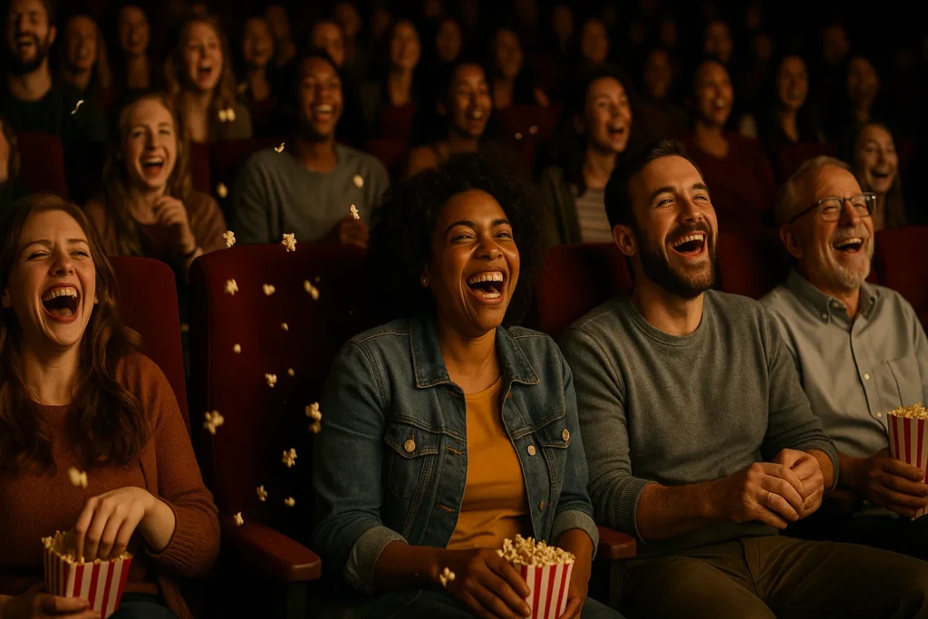 Filmes De Comédia: Os Melhores Filmes Para Rir Sem Parar Em 2025 2 Sala de cinema cheia com pessoas de idades e etnias variadas gargalhando enquanto pipocas flutuam no ar sob iluminação quente