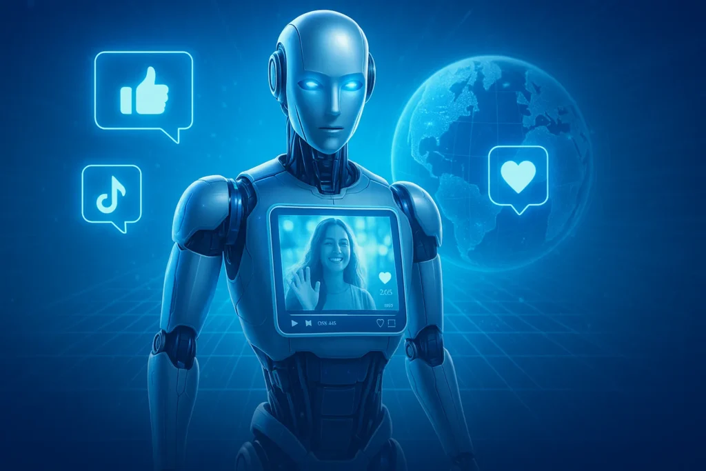Ia Do Google Veo 3: Como Criar Vídeos Virais Para Redes Sociais 8 Robô prateado com tela no peito exibindo vídeo e hologramas de redes sociais ao fundo, com planeta Terra em estilo digital.