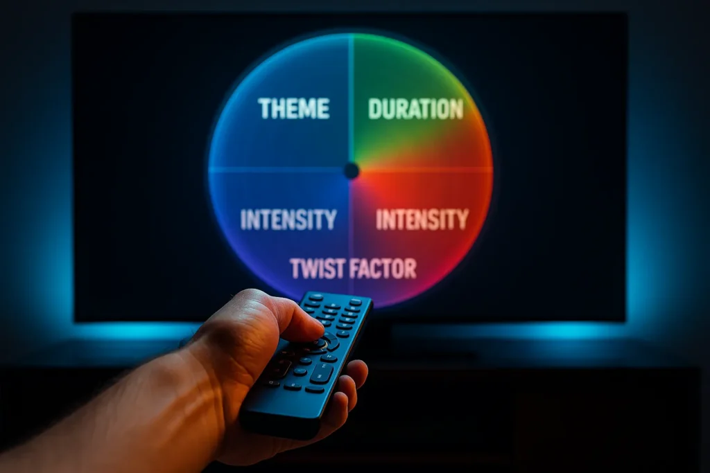 Filme De Suspense: Os 15 Melhores Filmes, Onde Assistir E Por Que Você Não Vai Conseguir Parar De Ver 6 Mão segurando controle remoto em primeiro plano com roda colorida translúcida girando na tela da TV exibindo critérios tema, duração, intensidade e reviravolta