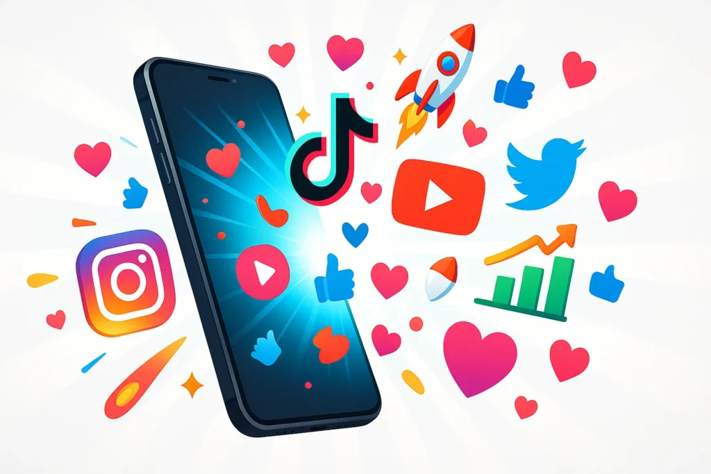 Ia Do Google Veo 3: Como Criar Vídeos Virais Para Redes Sociais 4 Smartphone flutuando em fundo branco com raios de luz e ícones do Instagram TikTok YouTube e Twitter explodindo em corações foguetes curtidas e gráficos de crescimento