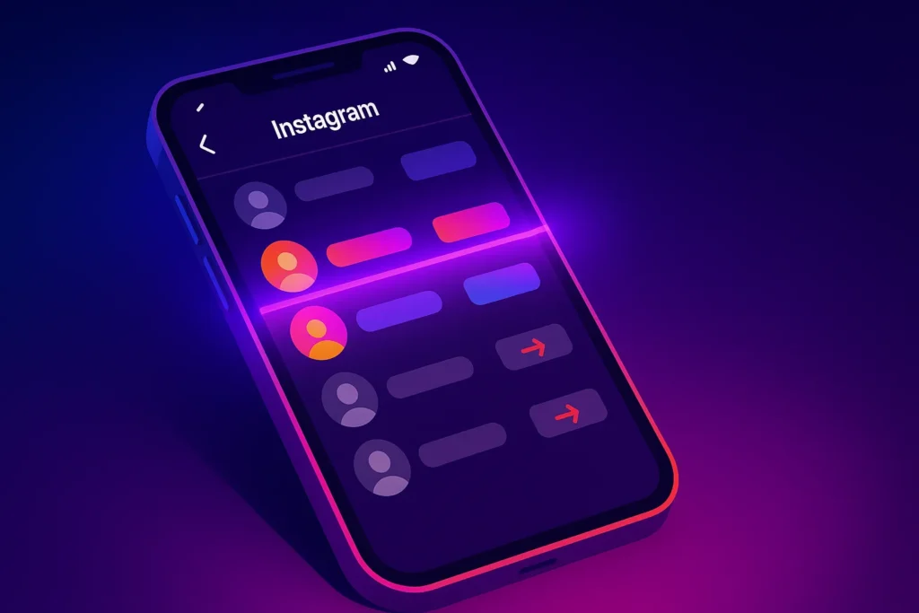 Ilustração 2.5D em 4K de um smartphone com app do Instagram aberto, escaneado por faixa roxa que destaca seguidores reais enquanto avatares cinza com setas vermelhas indicam perfis que não seguem de volta, sobre fundo gradiente azul-marinho e roxo neon