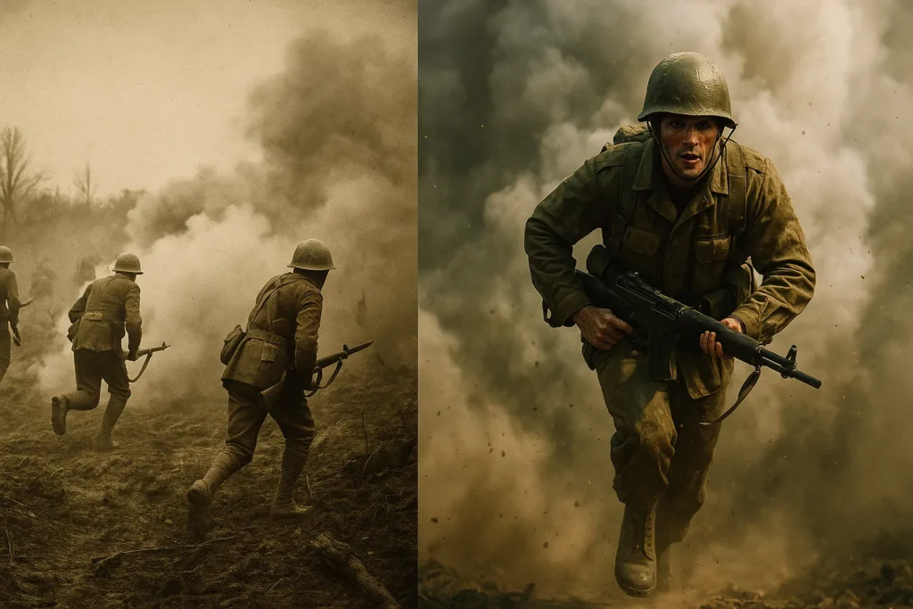 Imagem em tela dividida mostrando fotografia de guerra em sépia à esquerda e recriação cinematográfica HDR de um soldado correndo na fumaça à direita.