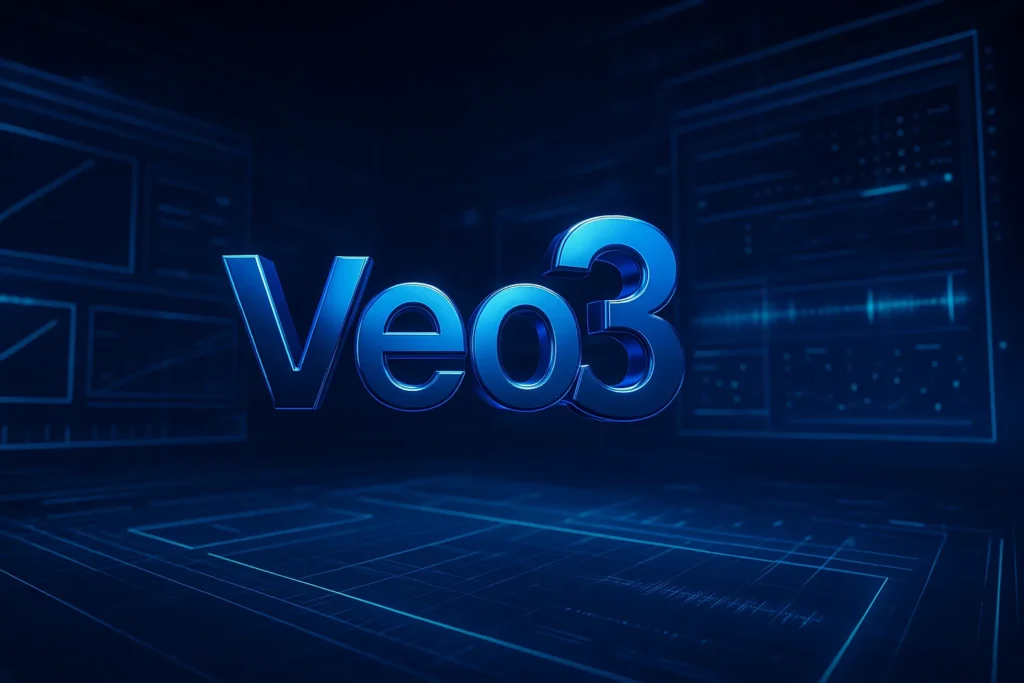 Ia Do Google Veo 3: Como Criar Vídeos Virais Para Redes Sociais 2 Logo Veo 3 em azul metálico flutuando sobre um fundo tecnológico abstrato com elementos gráficos de vídeo em perspectiva 3D como frames, linhas de tempo e efeitos visuais giratórios