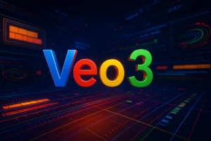 Logo “Veo 3” em 3D com acabamento metálico nas cores azul, vermelho, amarelo e verde do Google flutuando sobre um ambiente abstrato digital com elementos gráficos de vídeo em perspectiva tridimensional