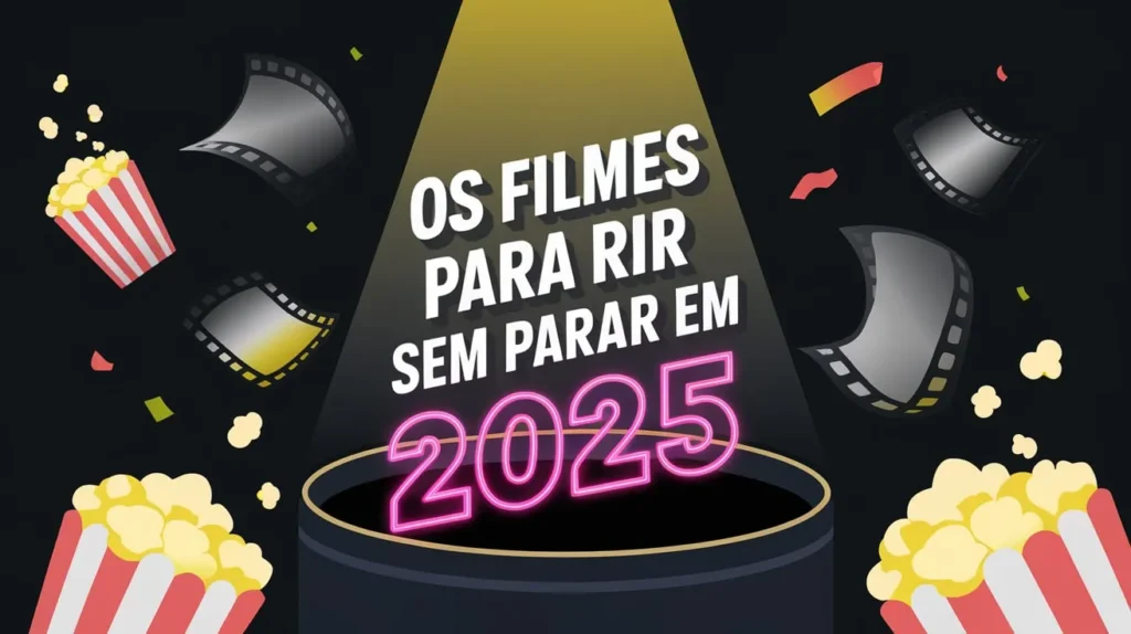 Filmes De Comédia: Os Melhores Filmes Para Rir Sem Parar Em 2025 1 Banner horizontal com feixe de luz sobre a frase “Os Filmes Para Rir Sem Parar em 2025”, baldes de pipoca e tiras de filme sobre fundo escuro