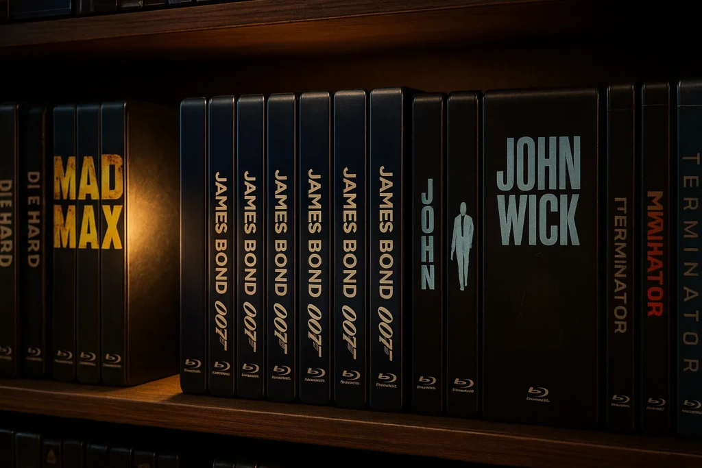 Estante de madeira com steelbooks de ação, incluindo Mad Max, James Bond e John Wick, iluminados por luz quente.