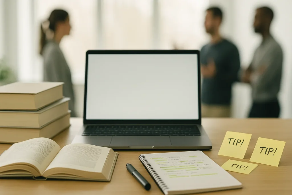 Ia Do Google Veo 3: Como Criar Vídeos Virais Para Redes Sociais 7 Mesa de especialista com livros, caderno, laptop e post-its em ambiente de trabalho, sem textos visíveis.