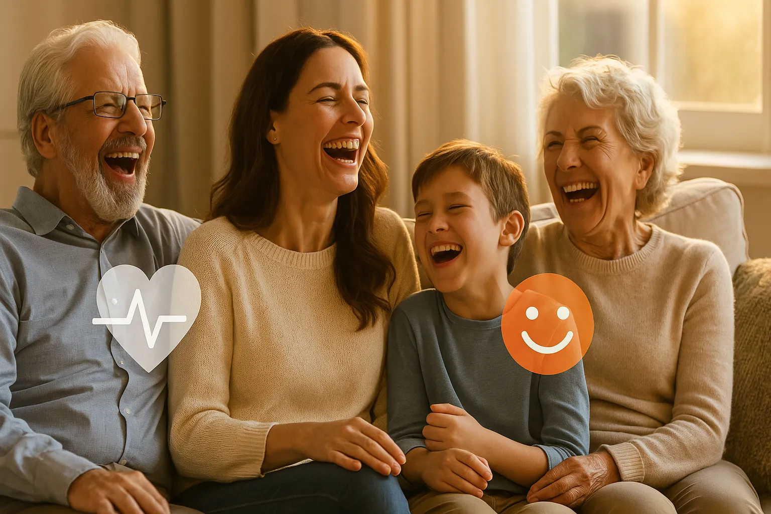 Filmes De Comédia: Os Melhores Filmes Para Rir Sem Parar Em 2025 7 Família de três gerações sorrindo e rindo no sofá com ícones de batimentos cardíacos e endorfina sobrepostos, simbolizando bem-estar