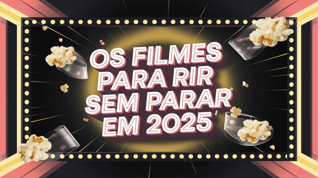 Banner horizontal com fundo preto, moldura de luzes douradas, balde de pipoca à esquerda e texto Os Filmes Para Rir Sem Parar em 2025 iluminado ao centro