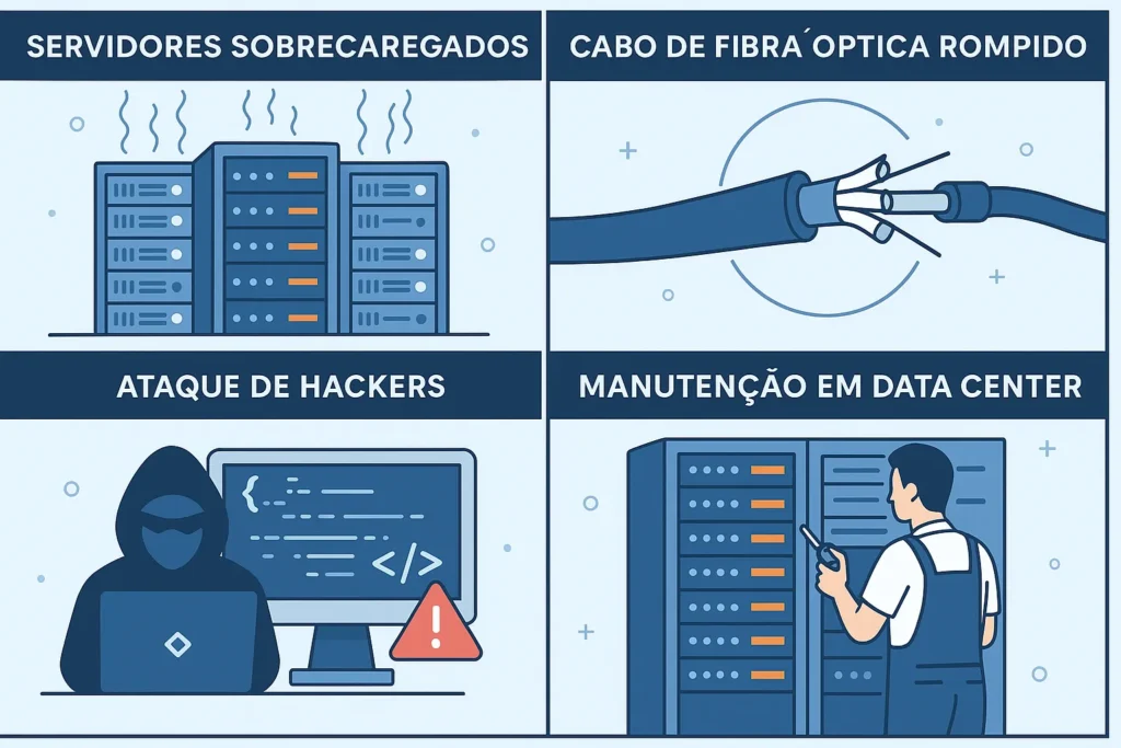 Montagem 16:9 em quatro quadrantes mostrando servidores sobrecarregados, cabo de fibra óptica rompido, ataque de hackers representado por código malicioso e manutenção em data center, em estilo informativo com ícones claros.