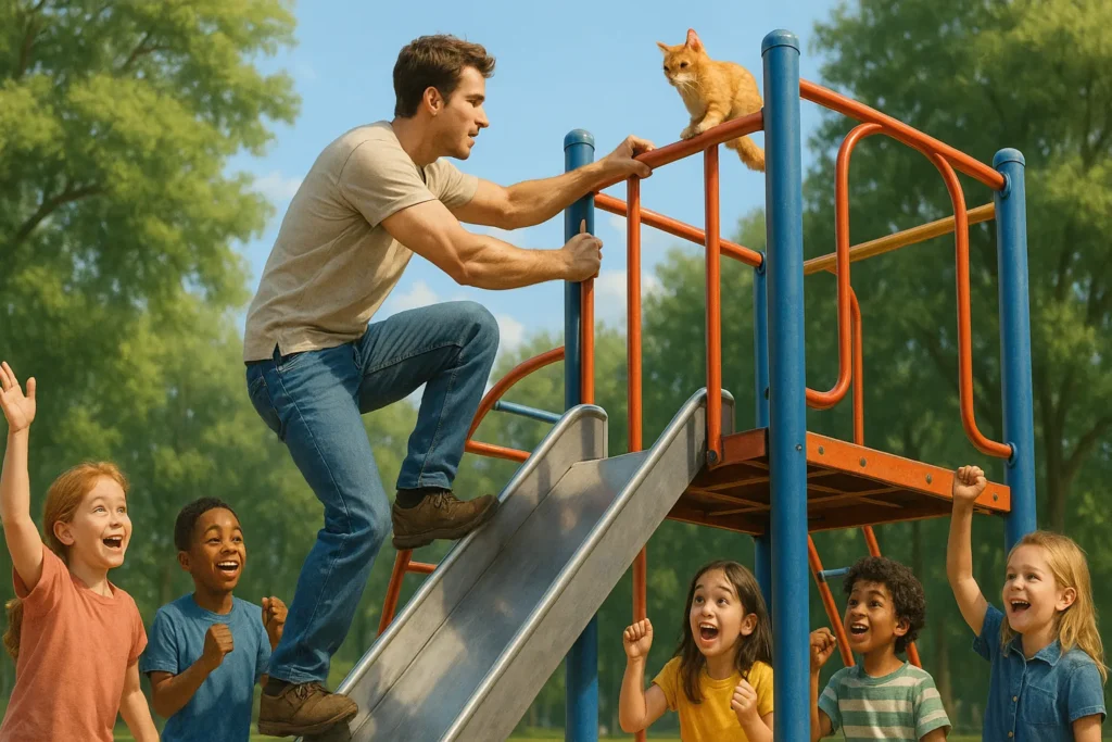 Homem realista escala brinquedo de playground para salvar gato enquanto crianças torcem em parque ensolarado