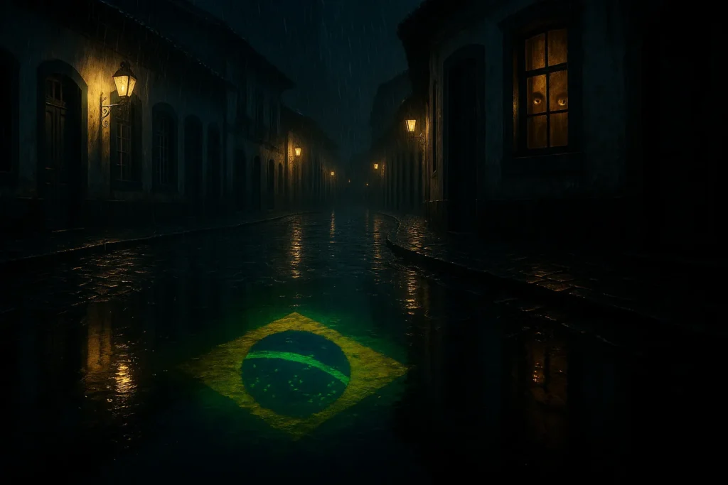 Filme De Suspense: Os 15 Melhores Filmes, Onde Assistir E Por Que Você Não Vai Conseguir Parar De Ver 10 Rua colonial brasileira à noite sob chuva intensa com reflexo verde e amarelo da bandeira do Brasil em poça e olhos misteriosos em janela iluminada