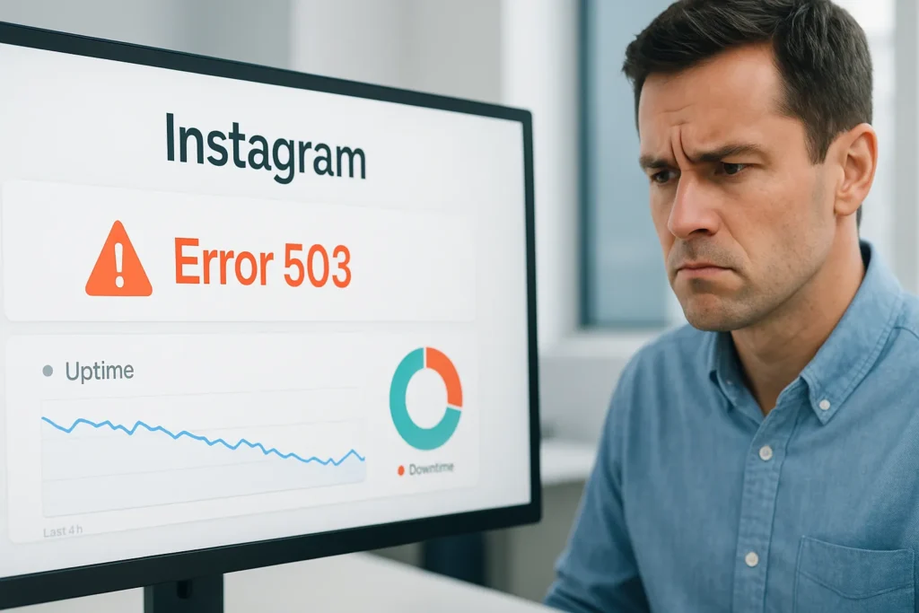 Tela de computador mostrando página de status do Instagram com indicador de erro 503 e gráficos de uptime em queda, usuário franzindo a testa ao fundo