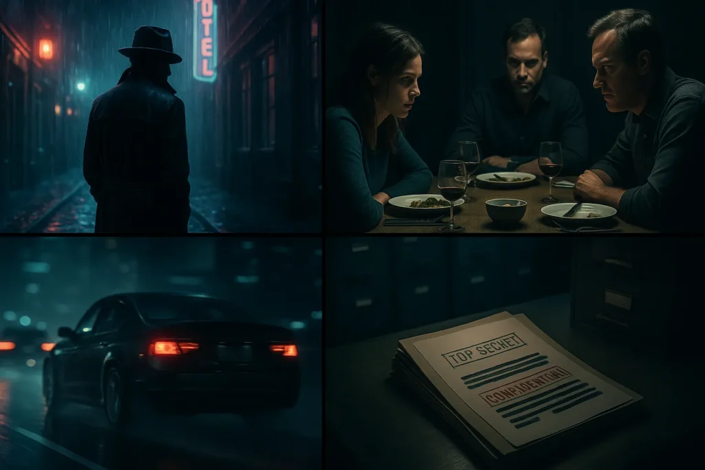 Filme De Suspense: Os 15 Melhores Filmes, Onde Assistir E Por Que Você Não Vai Conseguir Parar De Ver 3 Colagem em quatro quadros apresenta beco noir com chuva neon, jantar familiar carregado de tensão, perseguição de carro em alta velocidade e arquivo secreto com documentos censurados, unificados por iluminação fria e atmosfera cinematográfica