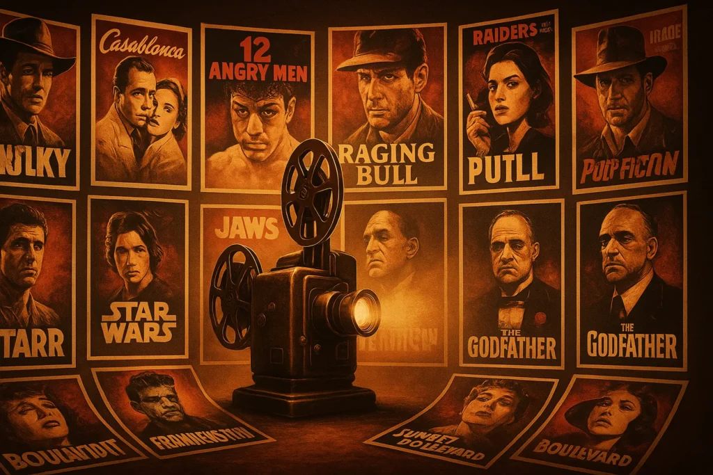Filme De Suspense: Os 15 Melhores Filmes, Onde Assistir E Por Que Você Não Vai Conseguir Parar De Ver 4 Composição panorâmica 16x9 com quinze pôsteres de filmes vintage em tons sépia e carmesim envolvendo projetor de filme antigo brilhante, atmosfera cinematográfica envolvente