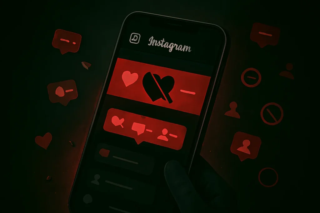 Engajamento Instagram: 25 Técnicas Comprovadas Para Triplicar Seus Resultados 6 Tela de celular com interface do Instagram em tom escuro, ícones de coração riscados ou caindo, alertas vermelhos, sem personagens