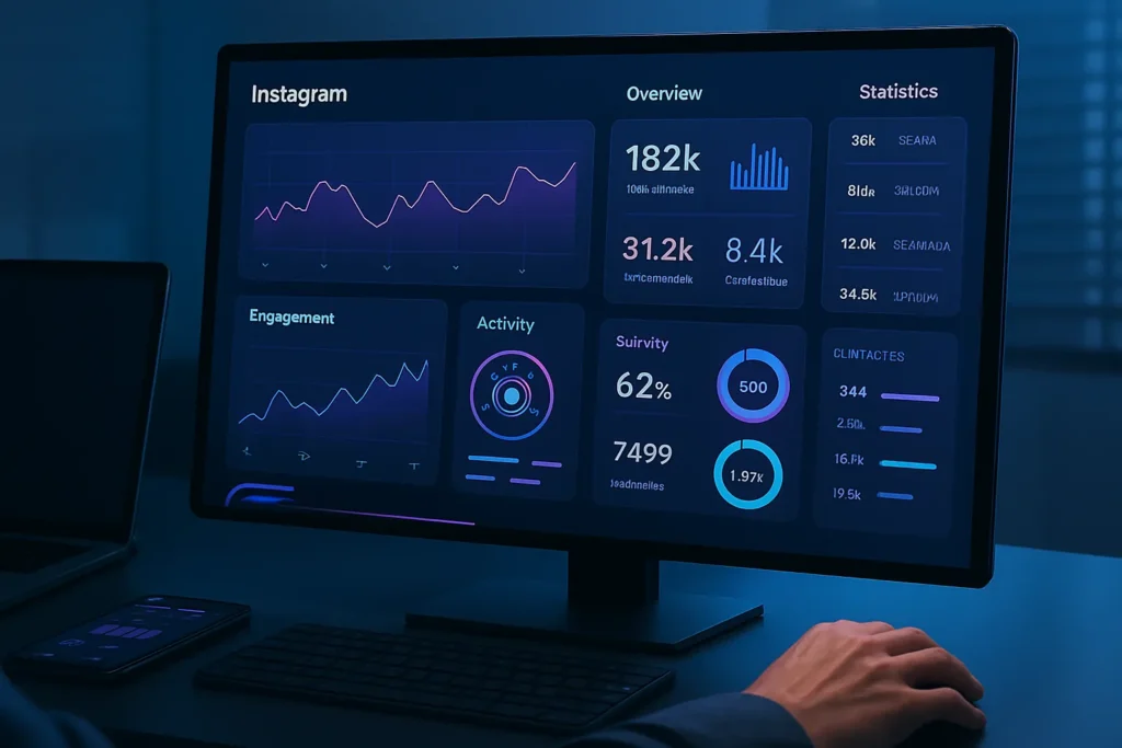 Engajamento Instagram: 25 Técnicas Comprovadas Para Triplicar Seus Resultados 5 Estação de trabalho com mão operando mouse diante de monitor com dashboards do Instagram; iluminação fria e interface digital sobreposta.