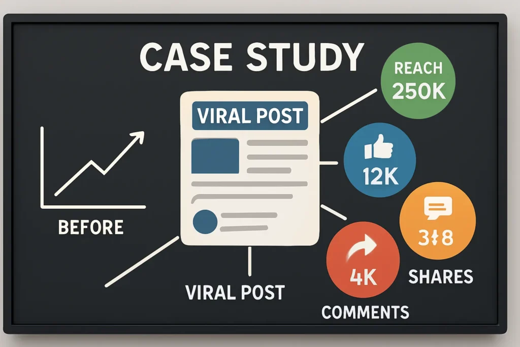 Como Viralizar Nas Redes Sociais: O Guia Completo E Atualizado 8 Lousa digital exibe estudo de caso com post viral no centro, métricas ao redor e gráficos conectando “antes” e “depois” no estilo infográfico.