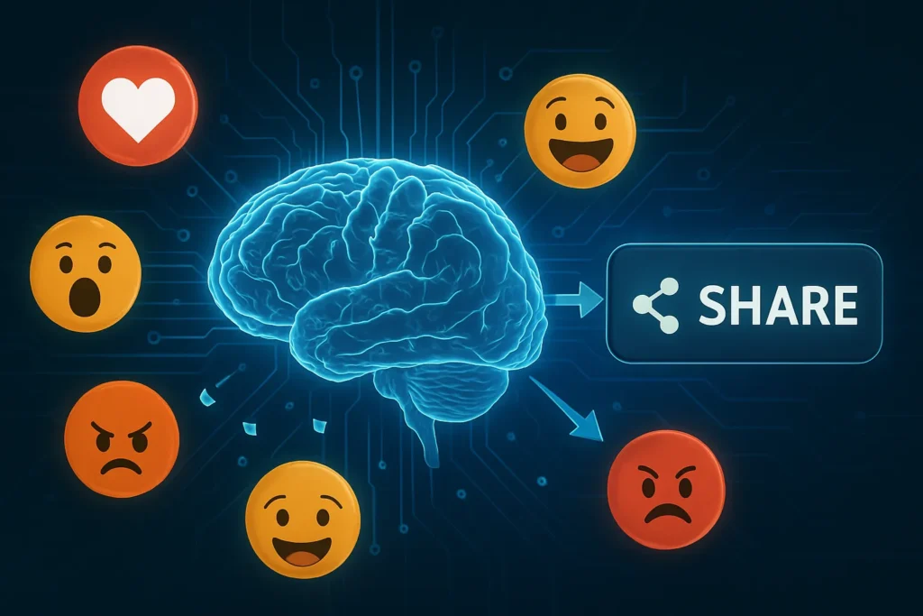 Como Viralizar Nas Redes Sociais: O Guia Completo E Atualizado 3 Cérebro humano interligado por conexões digitais, cercado por ícones de emoções e setas apontando para botões de compartilhamento. Fundo azulado com circuitos tecnológicos.
