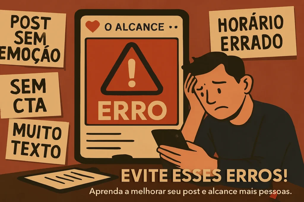 Como Viralizar Nas Redes Sociais: O Guia Completo E Atualizado 10 Criador frustrado observa celular com pouco alcance; ao redor, placas indicam erros comuns como “Post sem emoção”, “Horário errado” e “Sem CTA”.