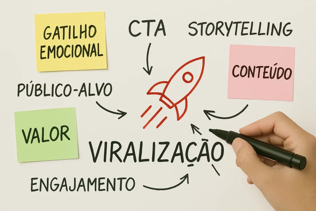 Como Viralizar Nas Redes Sociais: O Guia Completo E Atualizado 4 Quadro branco com post-its e anotações à mão destacando termos como "Gatilho emocional", "CTA", "Storytelling" e "Valor". Mão com marcador aponta para ícone de viralização.