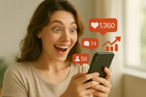 Blogueira sorridente segura o celular, surpresa com notificações de curtidas, comentários e novos seguidores. Fundo claro e desfocado, com luz natural suave.