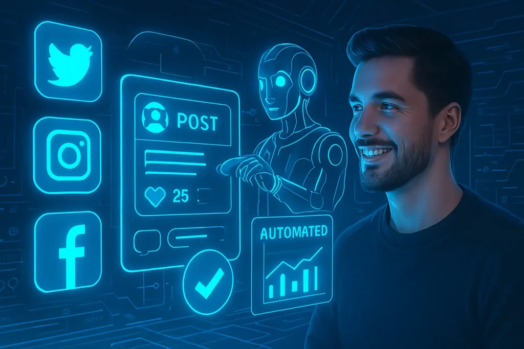 Como Viralizar Nas Redes Sociais: O Guia Completo E Atualizado 11 Cena futurista com hologramas de redes sociais, IA ajustando um post automaticamente e robôs analisando gráficos em tempo real. Criador sorridente ao fundo.