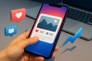Mão interage com smartphone em mesa moderna com notebook, enquanto ícones de curtidas e comentários flutuam em estilo digital vibrante.