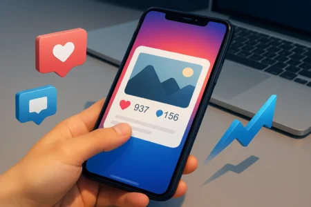 Mão interage com smartphone em mesa moderna com notebook, enquanto ícones de curtidas e comentários flutuam em estilo digital vibrante.