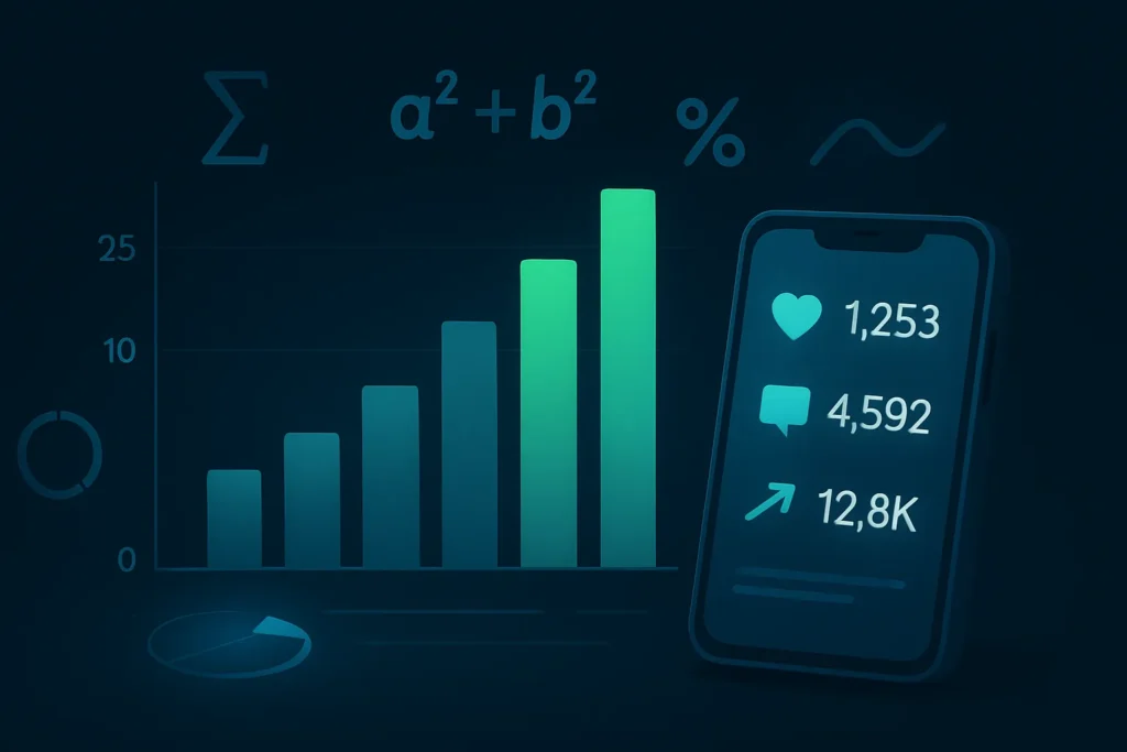 Engajamento Instagram: 25 Técnicas Comprovadas Para Triplicar Seus Resultados 3 Tela digital com gráfico de barras e fórmulas flutuando, luz suave destacando dados em azul e verde, celular exibindo estatísticas sobre fundo escuro.
