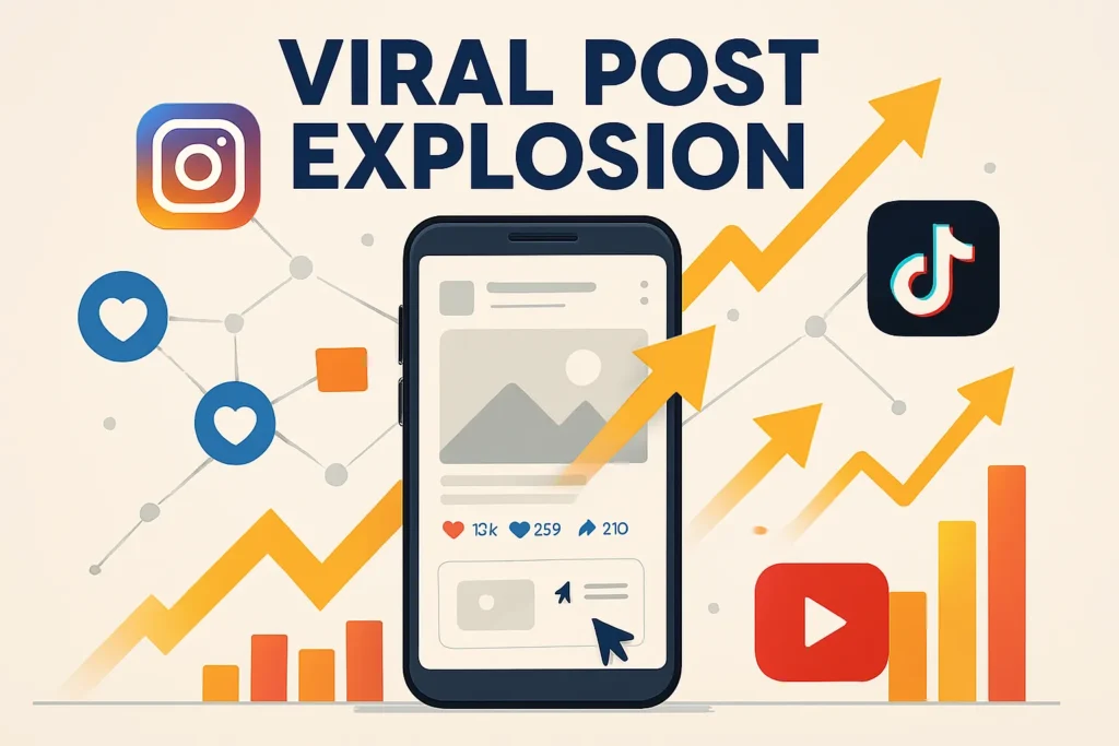 Como Viralizar Nas Redes Sociais: O Guia Completo E Atualizado 2 Ícones de Instagram, TikTok e YouTube conectados, mostrando efeito dominó de compartilhamento rápido. Smartphone exibe engajamento acelerado.