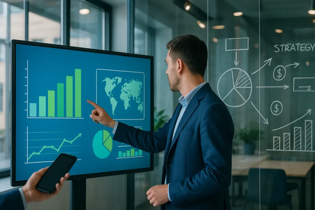 Engajamento Instagram: 25 Técnicas Comprovadas Para Triplicar Seus Resultados 8 Profissional apresenta estratégias de negócios em tela digital com gráficos e mapa mundial