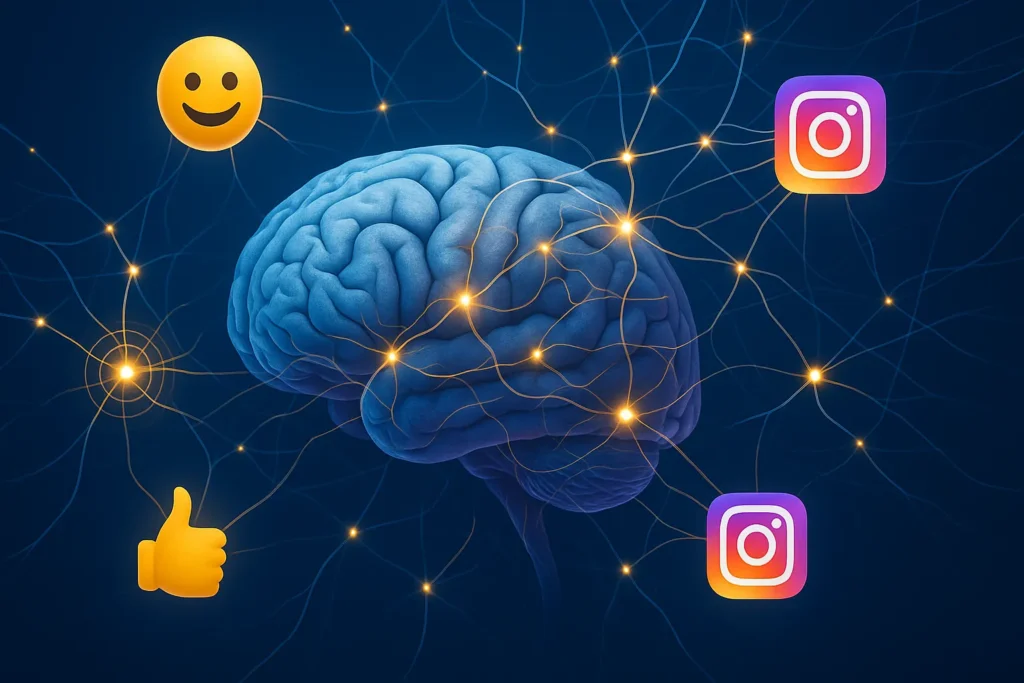 Engajamento Instagram: 25 Técnicas Comprovadas Para Triplicar Seus Resultados 7 Ilustração digital de um cérebro humano com conexões neurais ligadas a ícones do Instagram e emojis