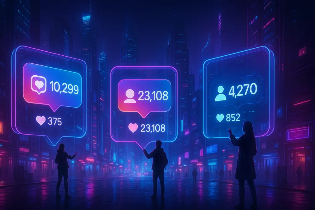Engajamento Instagram: 25 Técnicas Comprovadas Para Triplicar Seus Resultados 9 Cidade futurista com telões holográficos do Instagram flutuando, exibindo números de engajamento.